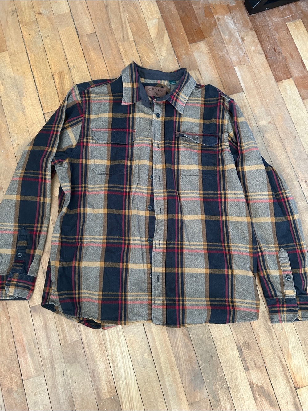 Orvis Plaid Flannel Shirt in Black, Tan, Mustard, Red